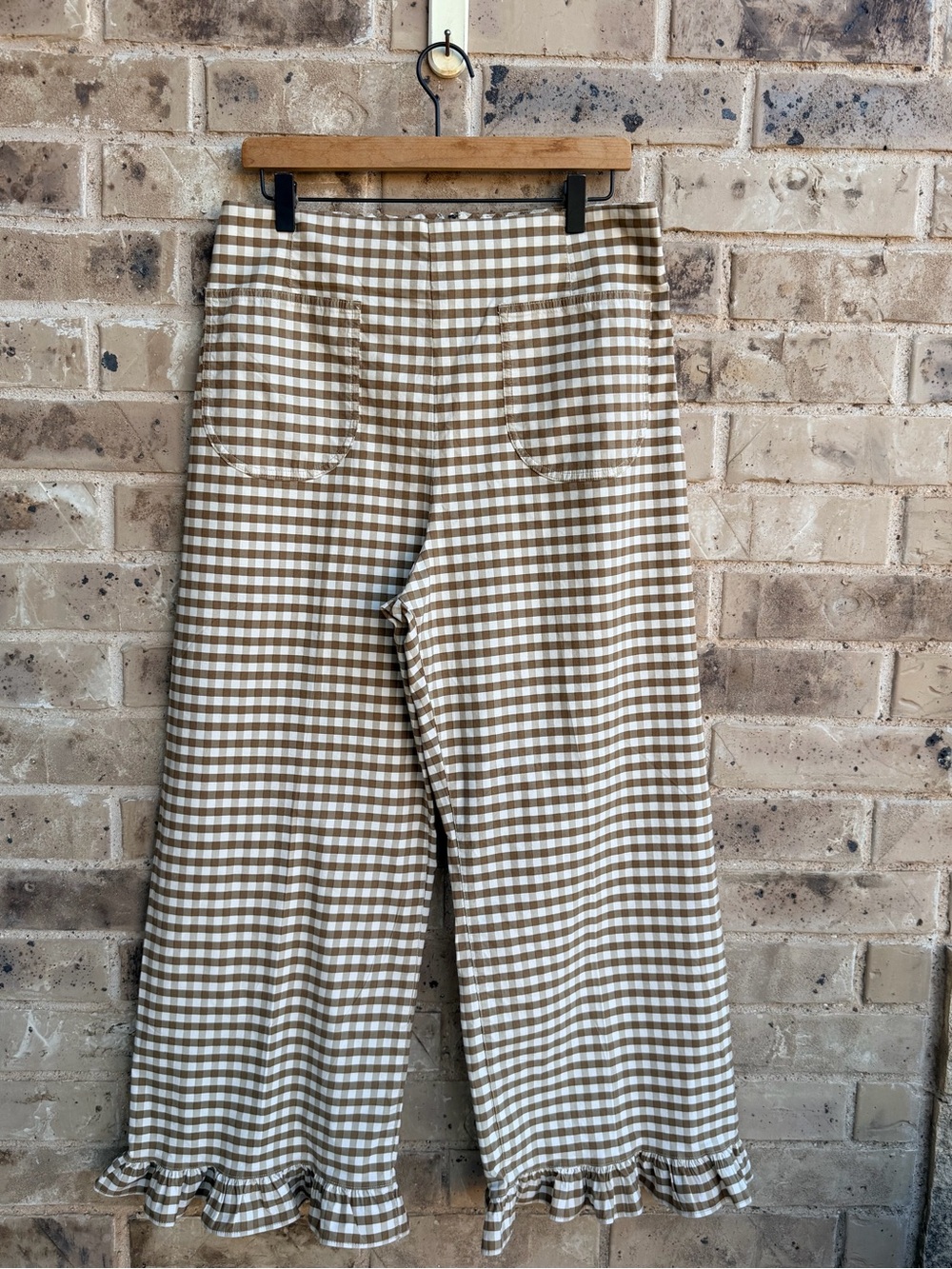 Maeve The Colette Brown and White Gingham Wide-Leg Ruffle-Hem Pants Size 32 - Picture 2 of 14
